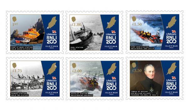Set of six stamps featuring images of lifeboats from each of the Isle of Man Stations and one stamp with an image of Sir William Hillary