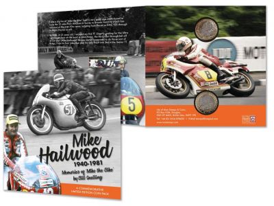 Isle of Man Post Office to present Mike Hailwood’s wife with commemorative coin pack numbers 40 and 60 to mark special anniversary year. 